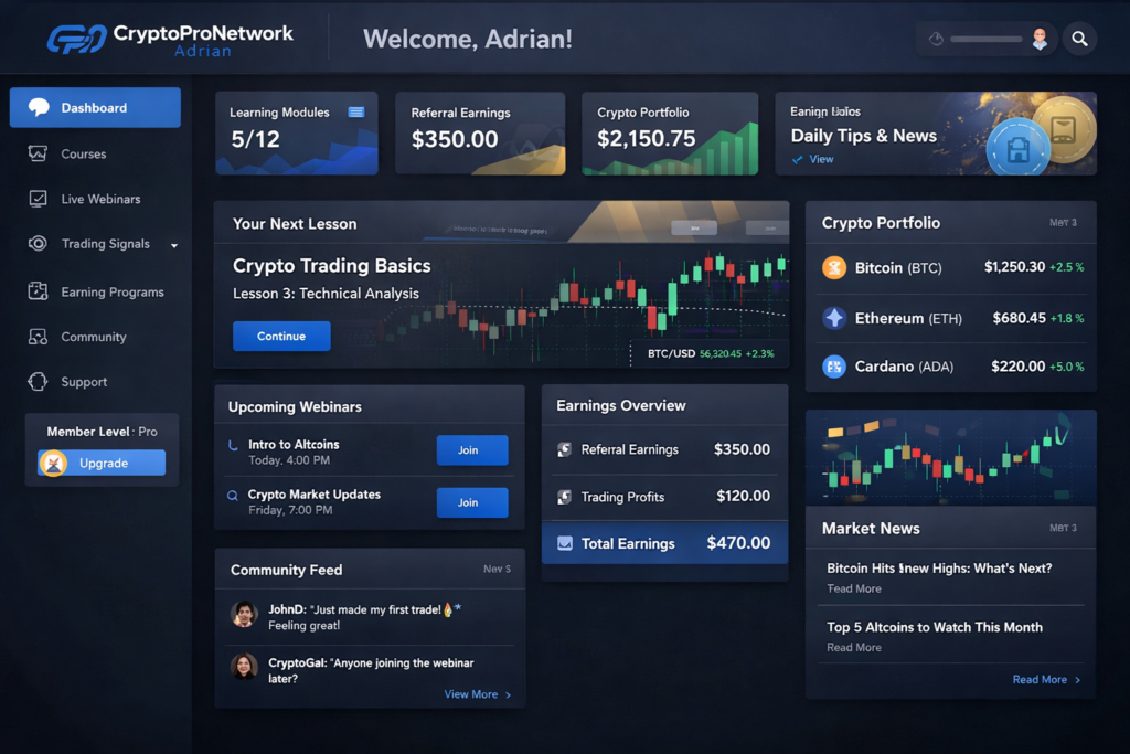 Crypto learning dashboard UI