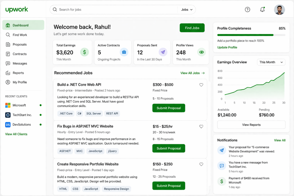 Freelancer Developer platforms dashboard jobs and earnings
