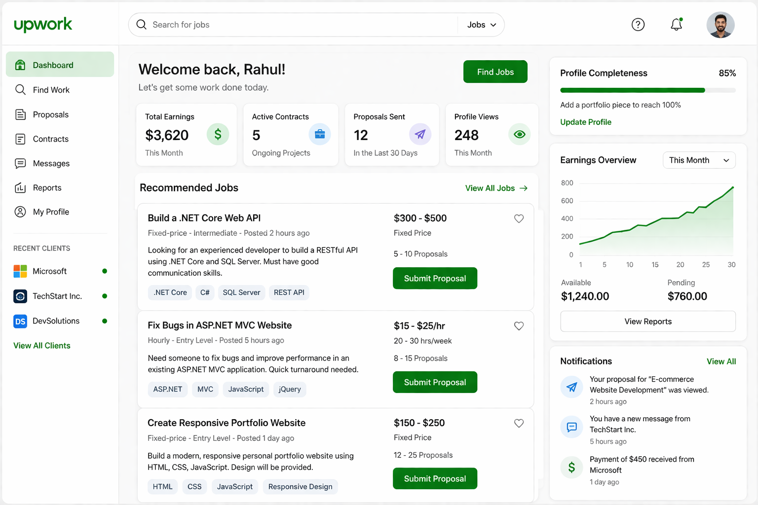Freelancer Developer platforms dashboard jobs and earnings